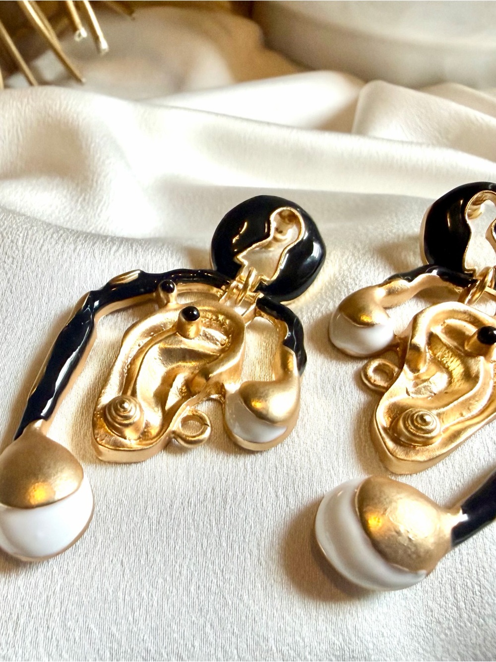 Gold, Black and White Sculptural Drop Earrings